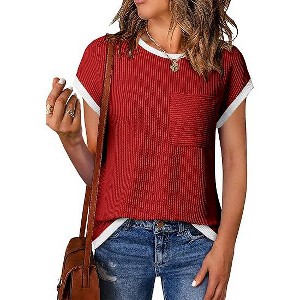 Women's Round Neck Short Sleeve Front Pocket Casual Summer Top Blouses - 1 of 4