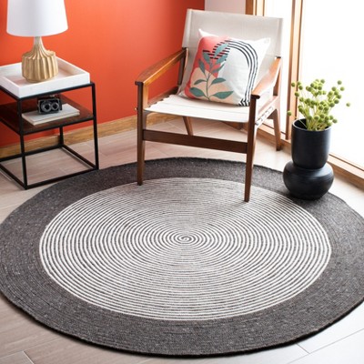 Charcoal and Ivory Round Braided Wool Area Rug, 3'