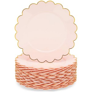 Sparkle and Bash 50 Pack Disposable Scalloped Plastic Dinner Plates for Wedding & Birthday Party Supplies, Pink & Gold Trim, 9 in - 1 of 4