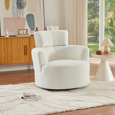 Single Swivel Lounge Chair, Soft Berber Fleece Accent Chair with Adjustable Headrest for Living Room or Office Use - Coolbibila