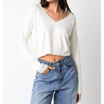 Women's V-Neck Cropped Sweater - OLIVACEOUS