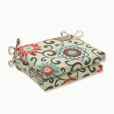 2pk Outdoor Square Edge Seat Cushion Set - Camel/Aqua/Brown/Botanical - Pillow Perfect: Weather-Resistant with Ties