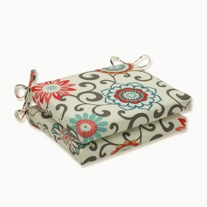 2pk Outdoor Square Edge Seat Cushion Set - Camel/Aqua/Brown/Botanical - Pillow Perfect: Weather-Resistant with Ties - 1 of 3