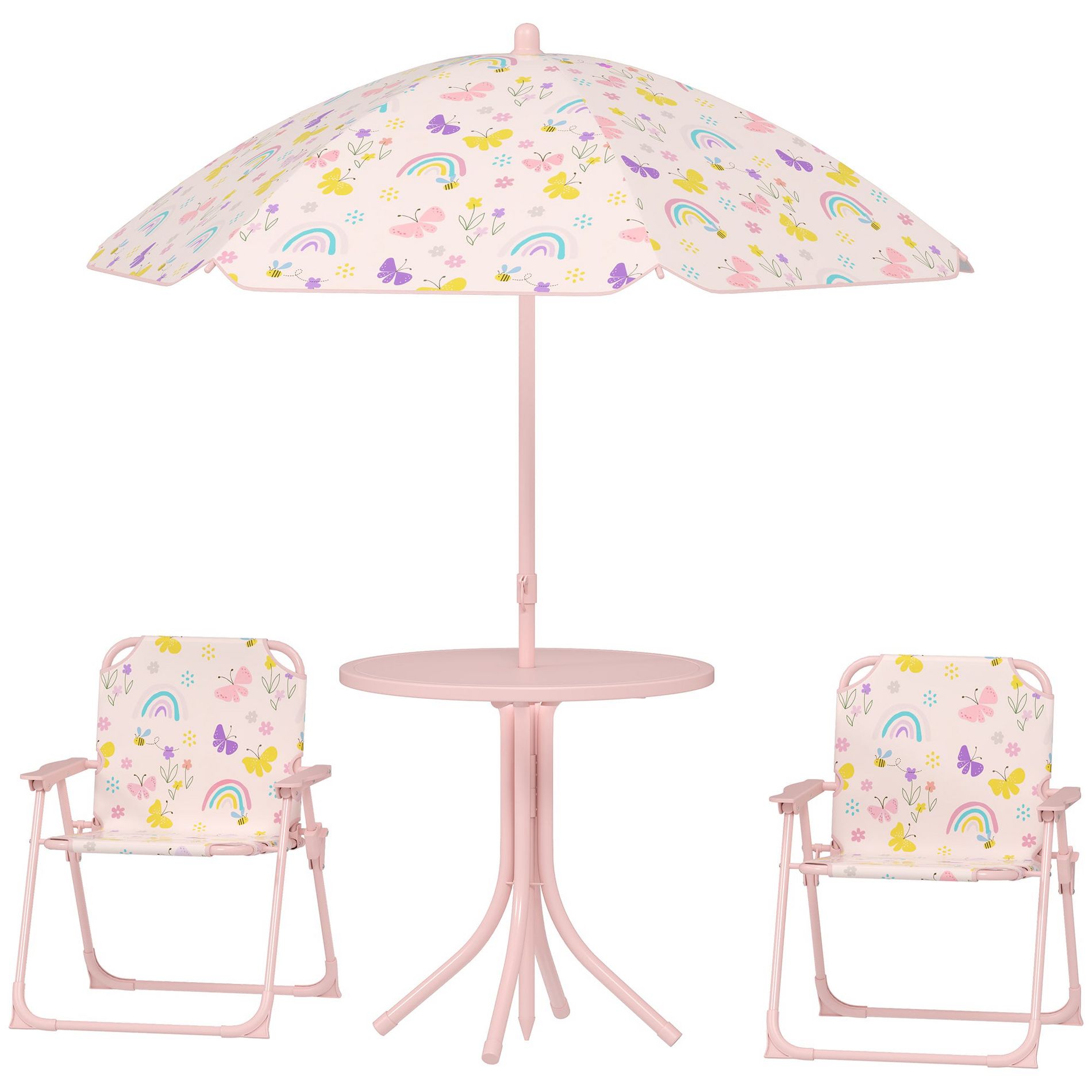 Aghana Digitals Kids 4-Piece Foldable Picnic Set: Green Table, Chairs & Adjustable Umbrella with Pink 19.50×19.50×19.70 in