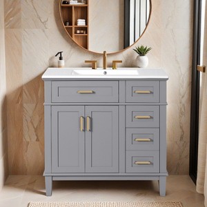 36" Gray Modern Bathroom Vanity with Ceramic Sink, Soft Close Doors, 4 Drawers for Storage - 1 of 4
