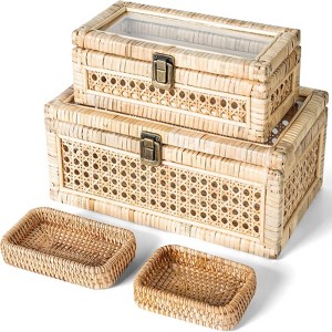 BRINJOY Bohemian Woven Rattan Display Boxes Set of 2 with Glass Lids - Rectangular Storage Boxes with Removable Tray for Home Decor - 1 of 4