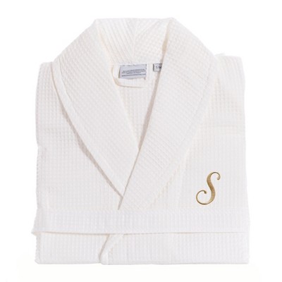 Linum Home Textiles 100% Turkish Cotton Unisex Personalized Waffle Weave White Bathrobe in Gold Script Font