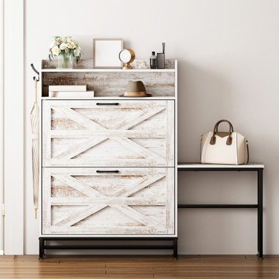 Shoe Cabinet with 2 Flip Drawers, Wood Freestanding Shoe Rack with Bench, Slim Shoe Organizer Cabinet for Living Room Bedroom Hallway