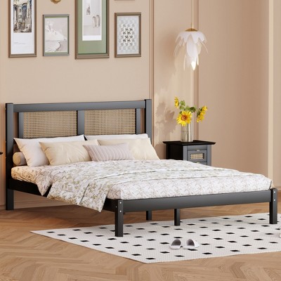 Queen/Full Size Wooden Platform Bed with Natural Rattan Headboard 4A -ModernLuxe