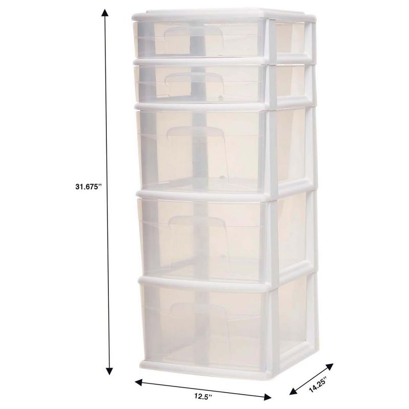 Homz Clear Plastic 5 Drawer Medium Home Organization Storage Container Tower with 3 Large Drawers and 2 Small Drawers, White Frame (2 Pack), 5 of 8