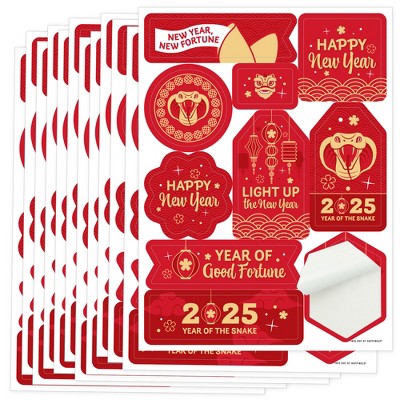 Big Dot of Happiness Lunar New Year - 2025 Year of the Snake Party Favor Sticker Set - 12 Sheets - 120 Stickers