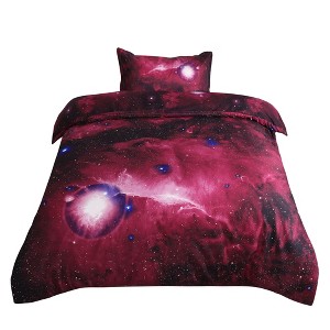 PiccoCasa Unique Bargains PiccoCasa Galaxy Sky Cosmos Night Pattern 3D Printed Single Size Bedding Quilt Duvet Cover Set Red 2 Pcs - 1 of 4