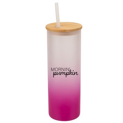 Elanze Designs Mornin' Pumpkin Fall Season Wrap-Around Design 25 Ounce Frosted Gradient Glass On-The-Go Coffee Travel Skinny Tumbler Mug Cup, Bamboo