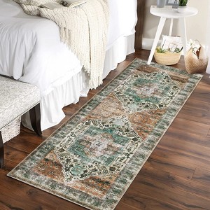 Washable Vintage Indoor Soft Non Slip Distressed Floral Print Area Rug - 1 of 4