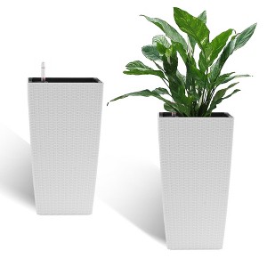 NAYSAYE Square Planter Set of 2 Modern Faux Rattan Raised Planter Pots with Water Level Indicator for Home and Garden, White, 11.02"*11.02"*22.6" - 1 of 4