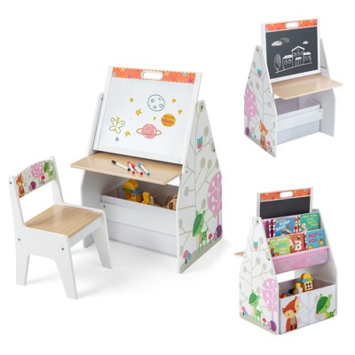 Infans Kids Table & Chair Set w/Rotatable Double-sided Magnetic Blackboard & Whiteboard