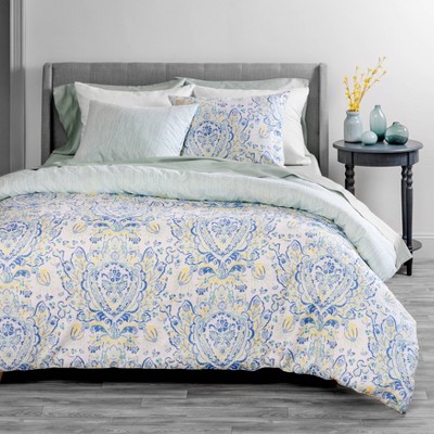 Queen Yasmin Cotton Sateen Duvet Cover Set Aqua Blue - Martha Stewart