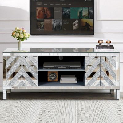 59'' Silver Mirrored TV Stand, TV Console Table with Open Shelf and 2 Storage Cabinets, Sparkling Mirror Doors – Cuddlewood