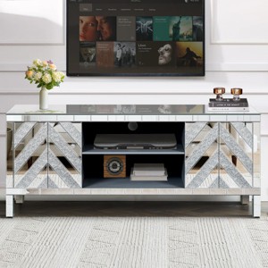 59'' Silver Mirrored TV Stand, TV Console Table with Open Shelf and 2 Storage Cabinets, Sparkling Mirror Doors – Cuddlewood - 1 of 4