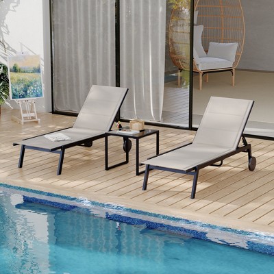 3Pcs Patio Chaise Lounge Chairs with Side Table, Adjustable Backrest Poolside Lounger Chairs with Wheels, Pool Outdoor Chaise Lounge Set of 3