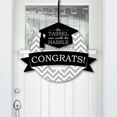 Big Dot of Happiness Tassel Worth The Hassle - Silver - Outdoor Graduation Party Decor - Front Door Wreath