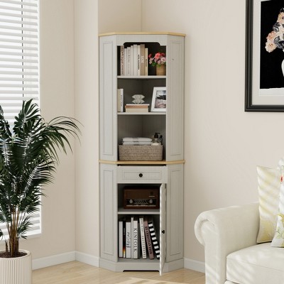 JUJABU Antique White 68" Farmhouse Freestanding Corner Cabinet with Door, Drawer & Adjustable Shelf