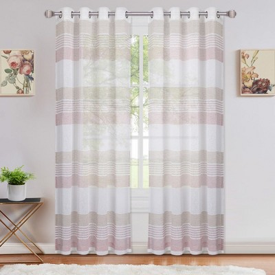 Farmhouse Striped Voile Semi Sheer Curtains, 52" x 63" Pink