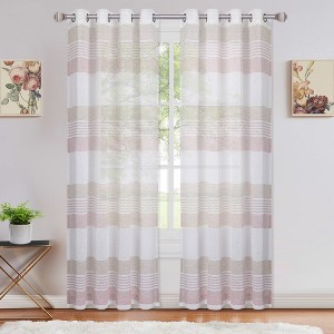 Farmhouse Striped Voile Semi Sheer Curtains, 52" x 63" Pink - 1 of 4