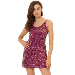 Allegra K Women's Glitter Sequin Spaghetti Strap V Neck Party Cocktail Sparkly Mini Dress - 1 of 4