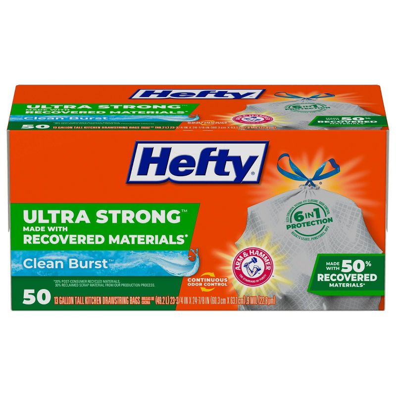 Hefty Ultra Strong Tall Kitchen Drawstring Trash Bags made with Recovered Materials - Clean Burst - 13 Gallon - 50ct, 1 of 10
