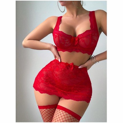 Clotth Women's Christmas Lingerie Set - Embroidered Sheer Bodysuit with Mini Skirt, Thong and Stockings, Elegant Nightwear Babydoll Lingerie, Red - L