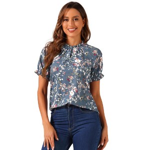 INSPIRE CHIC Women's Ruffled Short Sleeve Floral Mock Neck Summer Top - 1 of 4