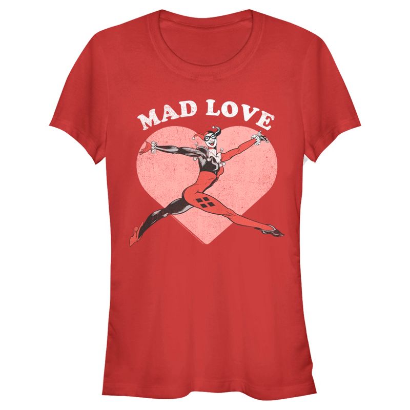 Juniors Womens Batman Valentine's Day Harley Quinn Mad Love T-Shirt, 1 of 5
