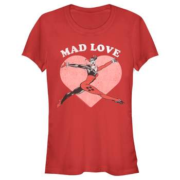 Juniors Womens Batman Valentine's Day Harley Quinn Mad Love T-Shirt
