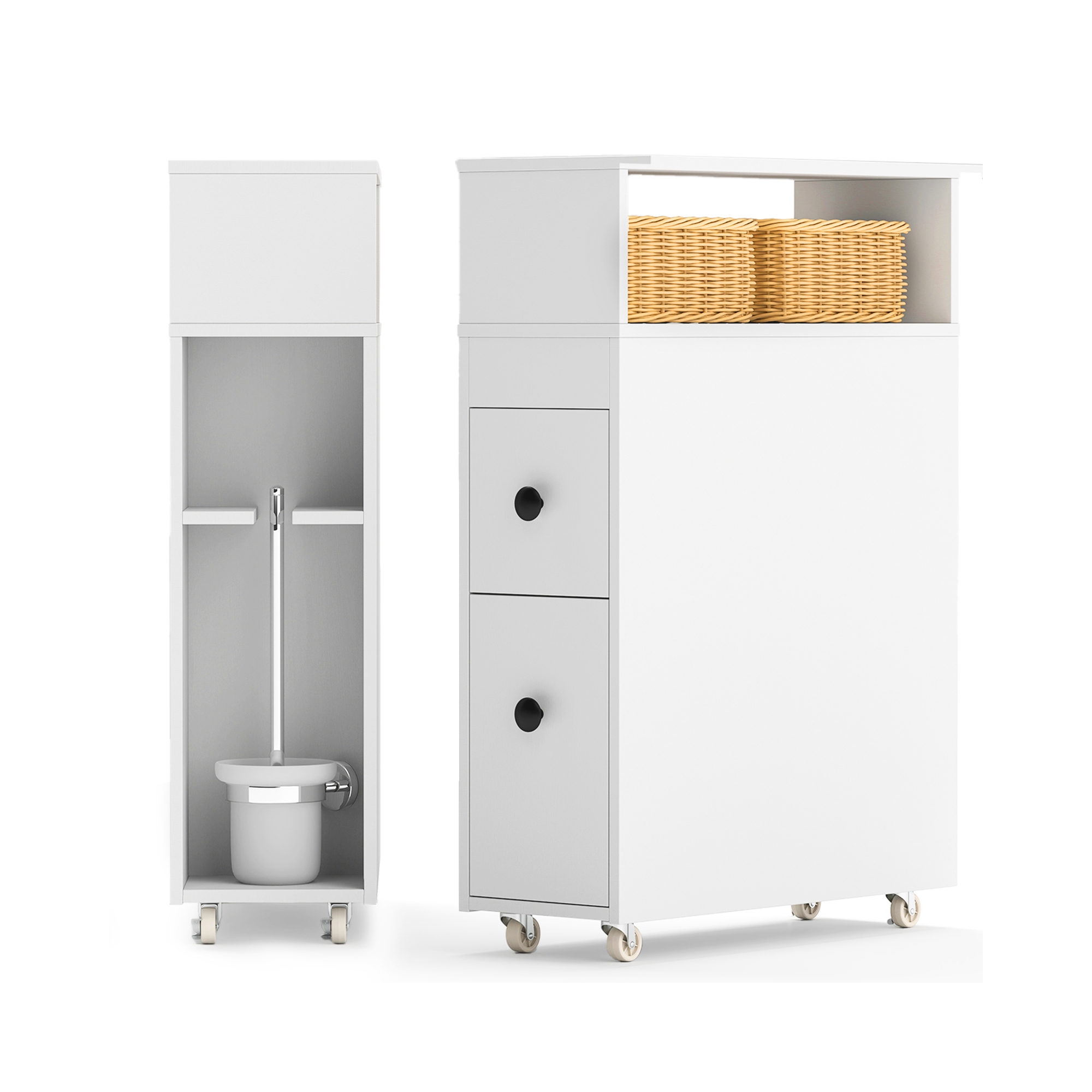 Costway Movable Bathroom Storage Cabinet Narrow Toilet Side Paper Holder w/ 2 Drawers