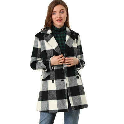 Allegra K Women's Checks Double Breasted Notched Lapel Winter Long Plaids Trench Coat