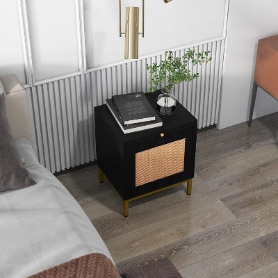 Rattan End Table - Set of 2, Wood Nightstand with Storage Shelf for Entryway, Living Room, Bedroom, Small Spaces
