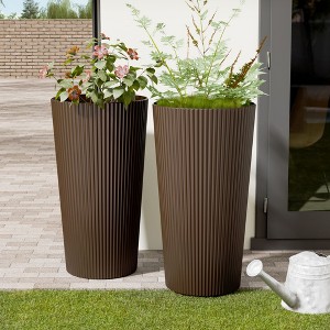 AZL1 Life Concept Planters City Flora Stylish 2Pcs Ribbed Plastic Tall Planters Ideal for Contemporary Design Fans and Gardeners, Brown, 13"*13"*23.6" - 1 of 4
