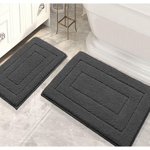 Home Mart Goods Charcoal Grey 2 Piece Bordered Box Plush Soft Cozy 100% Polyester Bath Mat Set - 1 of 4