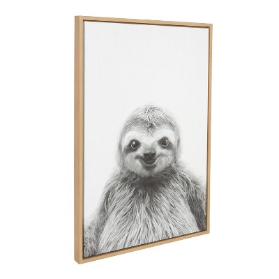 Natural Wood Framed Black and White Sloth Canvas Print