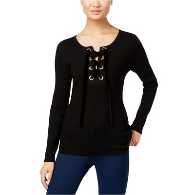 I.N.C International Concepts Womens Lace-Up Pullover Sweater, Black, X-Small