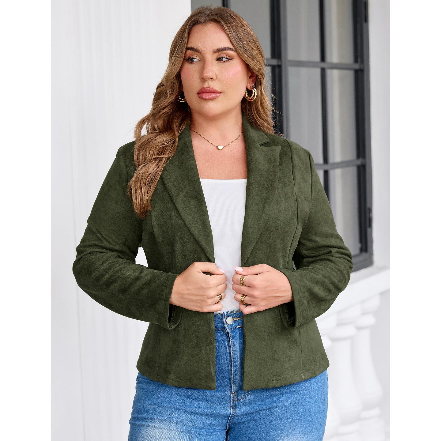 Женская куртка YesFashion Women Plus Size Blazer Jacket, Notched Lapel Single‑Button Suit Coat, Long Sleeve Business Casual Outerwear — фото 3