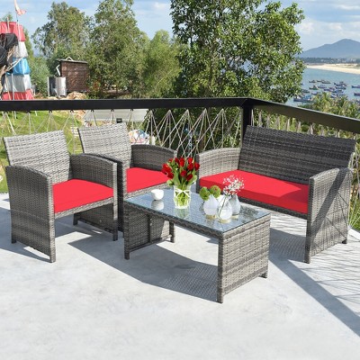 Costway 4pcs Patio Rattan Furniture Set Conversation Glass Table Top Cushioned Turquoise red grey beige navy black Target