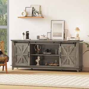 Farmhouse TV Stand for 75" Television, Wood Entertainment Center with Storage & Barn Doors, Adjustable Shelf - 1 of 4