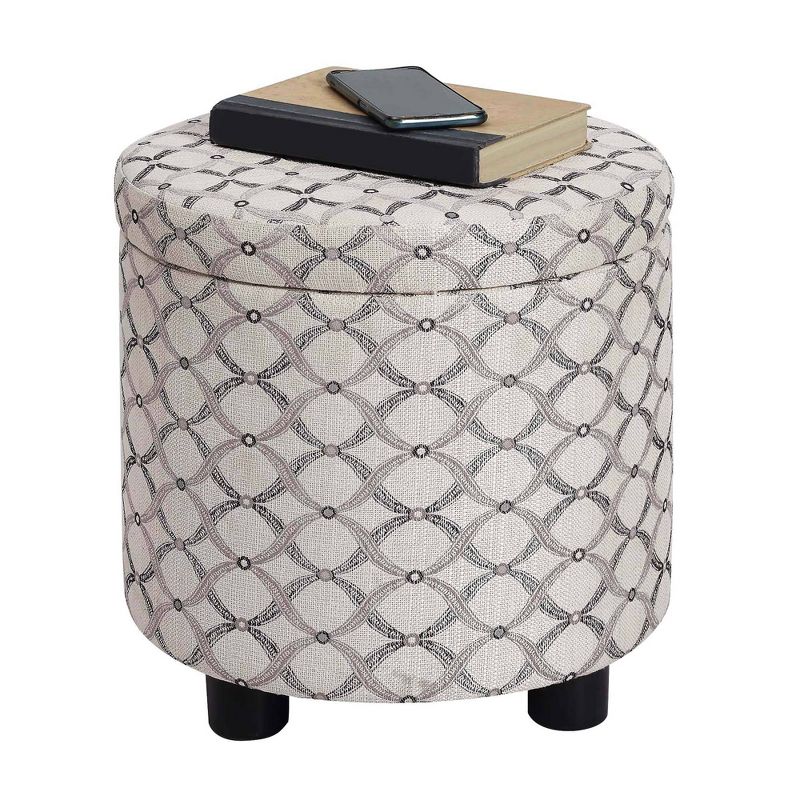 Breighton Home Designs4Comfort Round Accent Storage Ottoman with Reversible Tray Lid Ribbon Pattern Fabric, 3 of 7