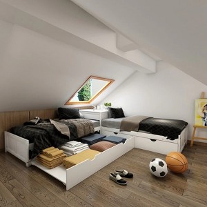 Twin Size Corner Platform Beds, L-Shaped Wooden Beds Frame with Trundle and Drawers Linked with built-in Desk - Leovsnove - 1 of 4