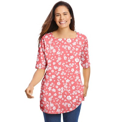 Woman Within Plus Size Printed Perfect Square-Neck Tee