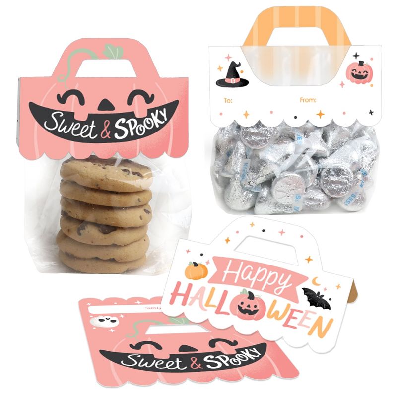 Big Dot of Happiness Pastel Halloween - DIY Pink Pumpkin Party Clear Goodie Favor Bag Labels - Candy Bags with Toppers - Set of 24, 1 of 9