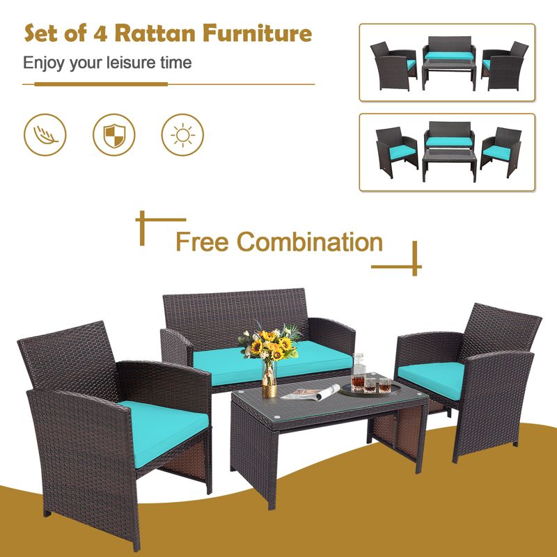 Tangkula 4PCS Outdoor Patio Furniture Sets Weather-Resistant Rattan Sofas w/ Soft Cushion Turquoise, 5 of 8