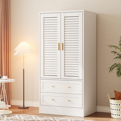 65 Inch Tall Wardrobe Closet, Farmhouse Armoire Wardrobe Closet with Shutter Doors & Drawers, Wooden Clothes Organizer Cabinet for Bedroom Apartment